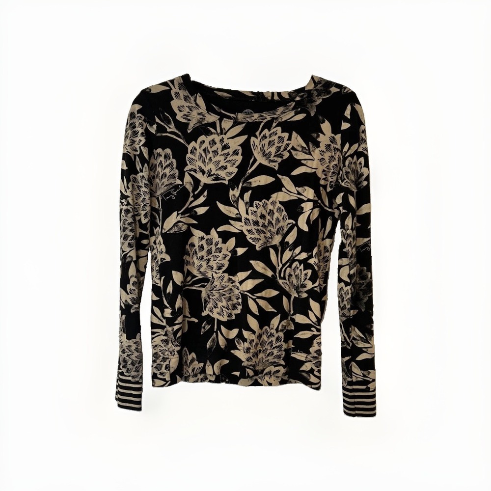 Tory Burch Top Women XS Black Floral Pima Cotton Long Sleeve Crew Neck Tee Shirt